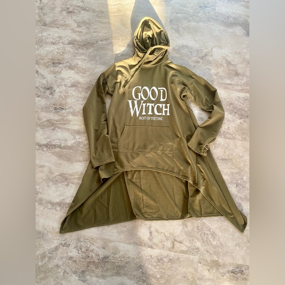 Olive Green Hooded Tunic with 'Good Witch' Print